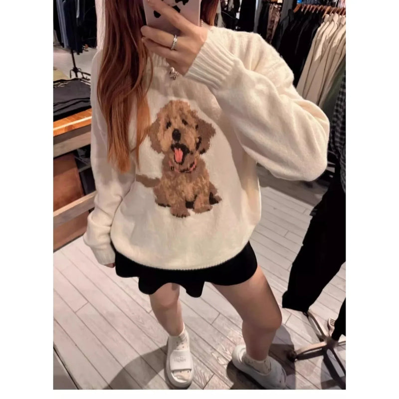 Japanese Sweet Cute Cartoon Print Knitted Sweater Women's Clothing Autumn Winter Knit Pullover Streetwear Long Sleeve Coats Tops